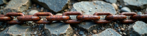 Skein of rusty chain laid out on a rocky terrain, chain, rocky terrain, uneven photo