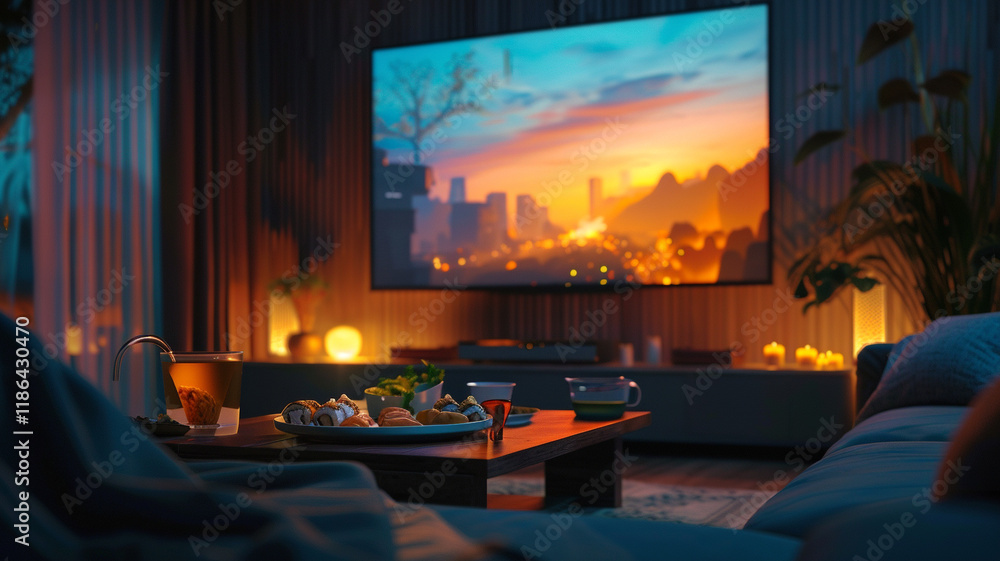 A cozy night in with a couple enjoying vegan sushi, sipping tea, and watching a movie, all set in a living room bathed in soft light. A cozy night in with a couple enjoying vegan sushi, sipping tea, and watching a movie, all set in a living room bathed in soft light.