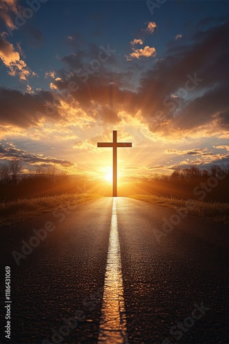4ï¸âƒ£ A road leading to heaven, with the cross of Jesus in front, clouds surrounding it, and a shining light from above