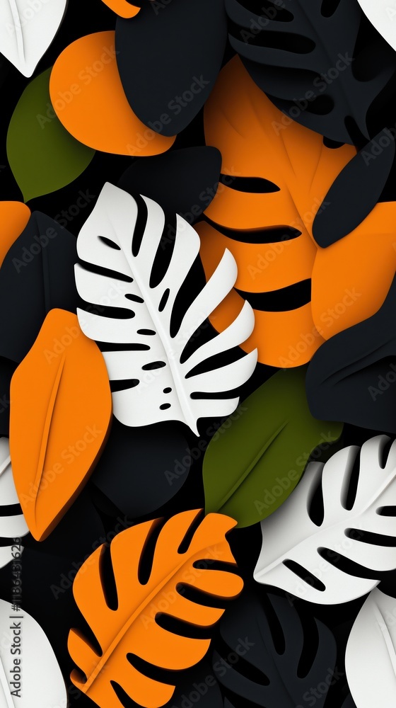 Abstract Composition of Black, Orange, White, and Yellow Leaves in a Creative Paper Design Abstract Composition of Black, Orange, White, and Yellow Leaves in a Creative Paper Design
