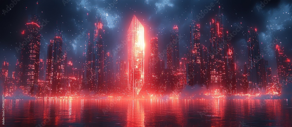 Naklejka premium Futuristic cityscape with glowing structures.