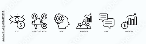 Strategies For Visibility, Engagement, And Growth Icon Set Isolated Vector Illustration Concept With Icon Of Eye, Public Relation, Head, Audience, Chat, Growth In Outline Style