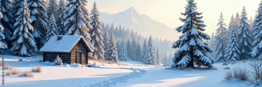 Snowy forest landscape with a small wooden cabin and bare pine tree, serene, frost, peaceful Snowy forest landscape with a small wooden cabin and bare pine tree, serene, frost, peaceful
