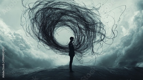 Illustration of overthinking and depression with silhouette of man standing with tangled thought