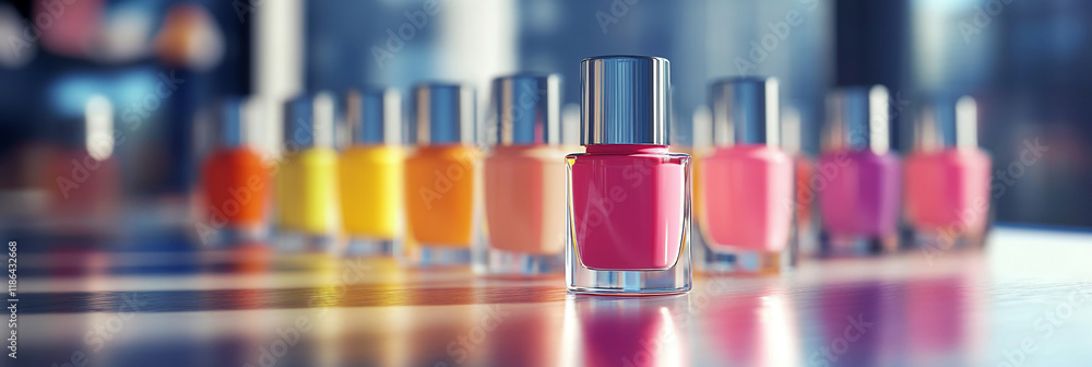 Colorful Nail Polish Bottles on a Table with Bright Office Light Colorful Nail Polish Bottles on a Table with Bright Office Light