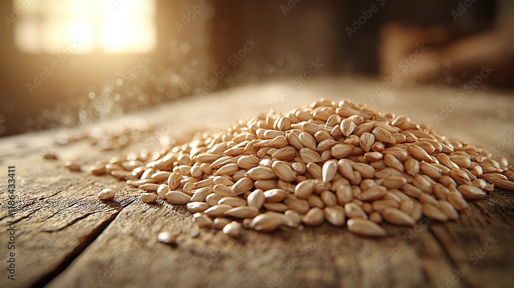 Obraz premium Wheat grains piled on rustic table in barn, sunlit window.