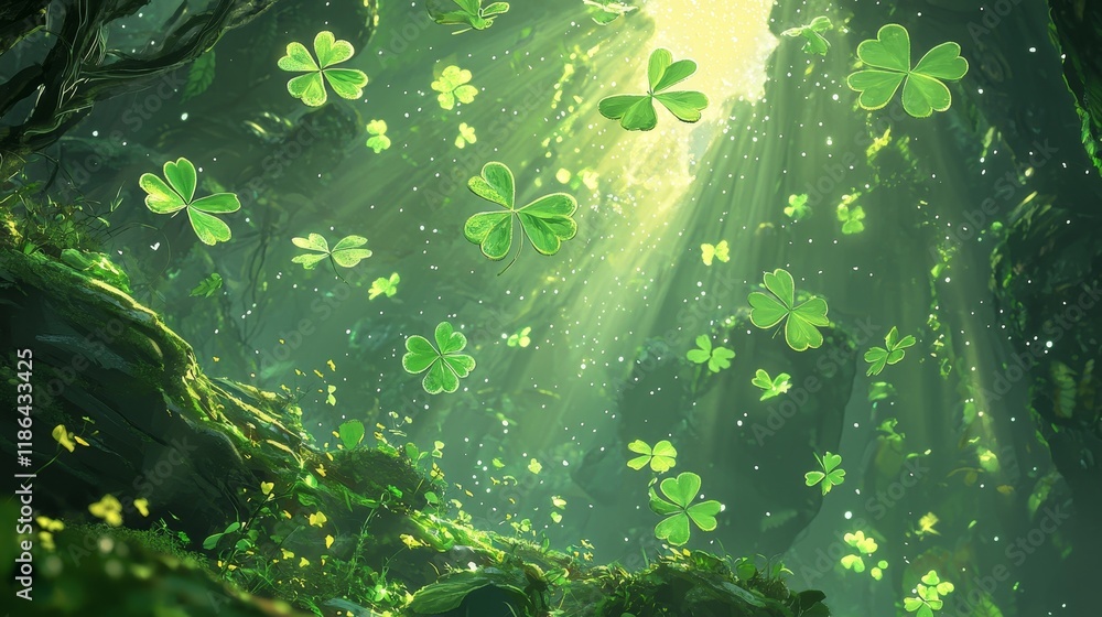 Fototapeta premium Enchanted Forest with Lush Greenery and Floating Shamrocks Illuminated by Sunlight