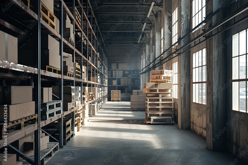 Old factory warehouse interior with concrete walls and wooden pallets. Efficient shelving and timber construction, blending eco friendly materials with a raw, industrial aesthetic. Old factory warehouse interior with concrete walls and wooden pallets. Efficient shelving and timber construction, blending eco friendly materials with a raw, industrial aesthetic.