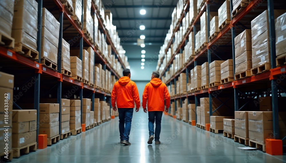 Two men in orange jackets walk through large warehouse. Many cardboard boxes stacked high on shelves. Checking inventory. Warehouse staff ensure everything in order. Logistics business activity in Two men in orange jackets walk through large warehouse. Many cardboard boxes stacked high on shelves. Checking inventory. Warehouse staff ensure everything in order. Logistics business activity in