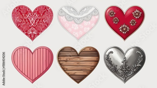 Six Decorative Hearts Red Pink Wooden Lace Floral Metal Valentine s Day Designs