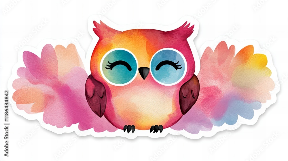 Fototapeta premium Adorable watercolor owl with rainbow wings. Perfect for kids' room decor!