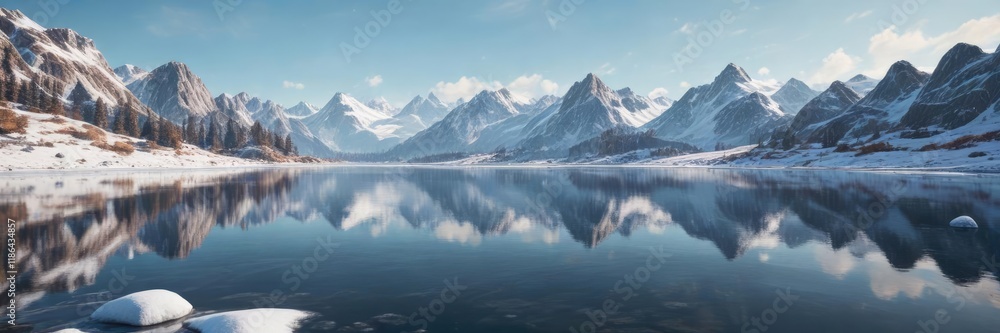 Naklejka premium A frozen lake with snow-covered mountains in the background, frozen water, ice rink