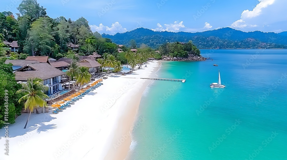 Tropical Beach Resort Luxury Vacation Crystal Clear Water Sailboat Tropical Beach Resort Luxury Vacation Crystal Clear Water Sailboat