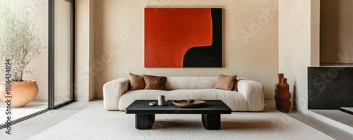 Minimalist, japandi home interior design of modern living room featuring boucle sofa, black modern coffee table, terra cotta accents and contemporary abstract art on beige stucco photo