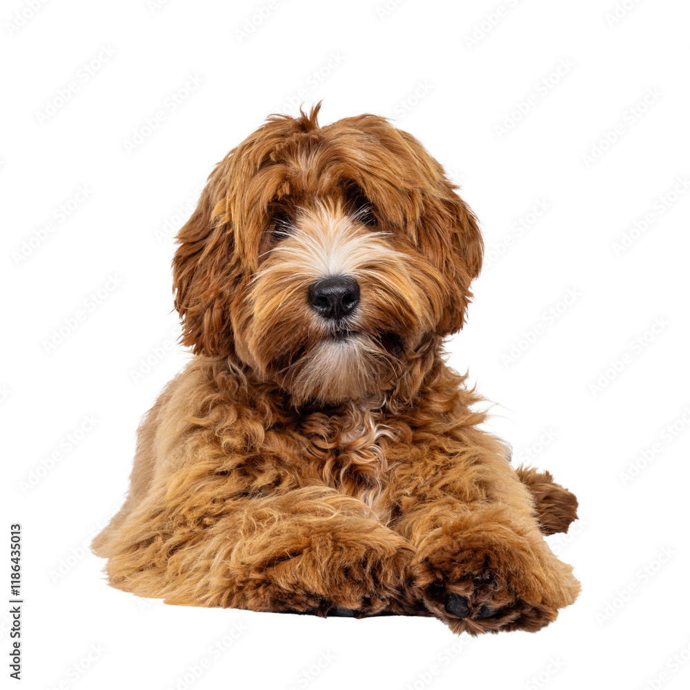Adorable young labradoodle dog pup with white spots, lying down facing front. Looking towards camera. Isolated cutout on a transparent background. Adorable young labradoodle dog pup with white spots, lying down facing front. Looking towards camera. Isolated cutout on a transparent background.