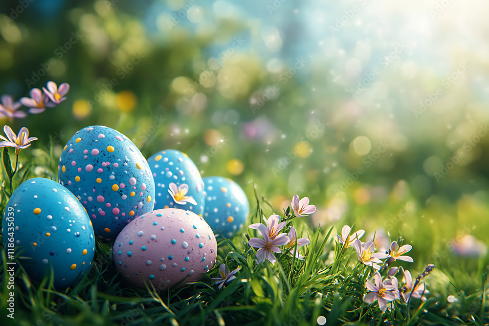 A vibrant Easter-themed background featuring colorful eggs, blooming spring flowers, lush green grass, and soft pastel tones, creating a cheerful and festive atmosphere A vibrant Easter-themed background featuring colorful eggs, blooming spring flowers, lush green grass, and soft pastel tones, creating a cheerful and festive atmosphere