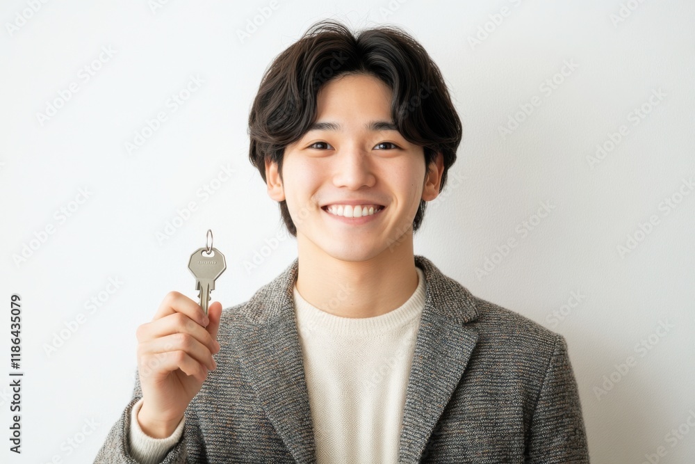 Happy New Homeowner: A portrait of a smiling young man holding a house key, symbolizing new beginnings and homeownership. His joyful expression conveys excitement and success. Happy New Homeowner: A portrait of a smiling young man holding a house key, symbolizing new beginnings and homeownership. His joyful expression conveys excitement and success.