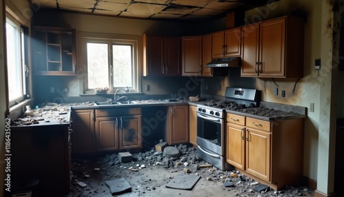 Kitchen interior after fire disaster. Sooty walls, charred debris. Damaged kitchen cabinets, appliances. Messy floor covered in charred remnants. Home destroyed by blaze. Needs renovation, photo