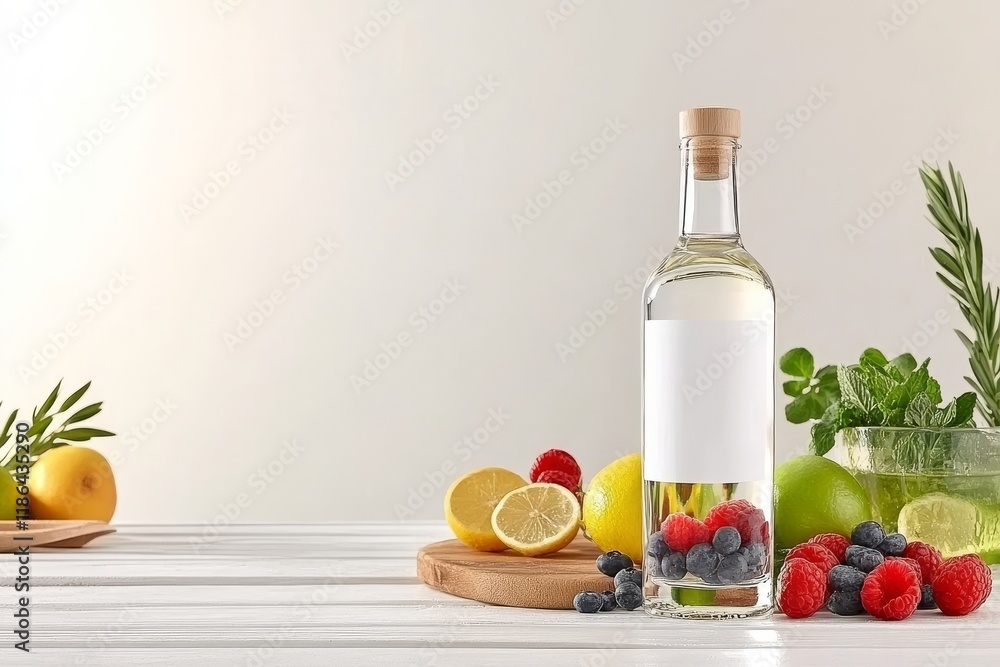 Botella de vodka angular con frutas frescas sobre una mesa de madera clara Botella de vodka angular con frutas frescas sobre una mesa de madera clara