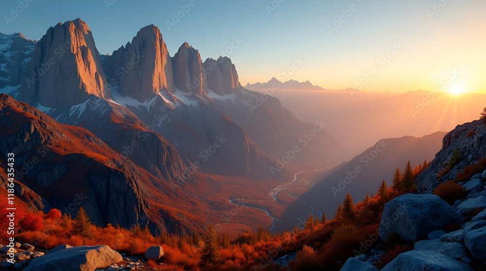 Obraz premium A panoramic view of a snowy winter landscape during a mountain sunset and sunrise.