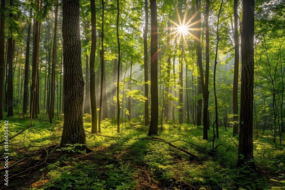 Fototapeta premium A serene forest scene with sunlight filtering through trees and lush greenery.