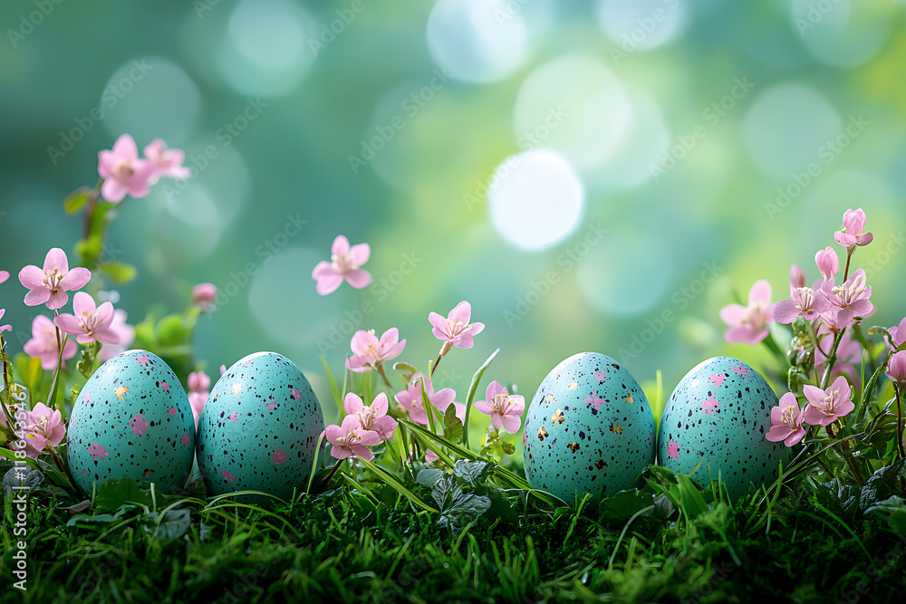 A vibrant Easter-themed background featuring colorful eggs, blooming spring flowers, lush green grass, and soft pastel tones, creating a cheerful and festive atmosphere A vibrant Easter-themed background featuring colorful eggs, blooming spring flowers, lush green grass, and soft pastel tones, creating a cheerful and festive atmosphere