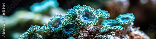 Close-up Photograph of Blue and Green Coral Polyps on Rock photo