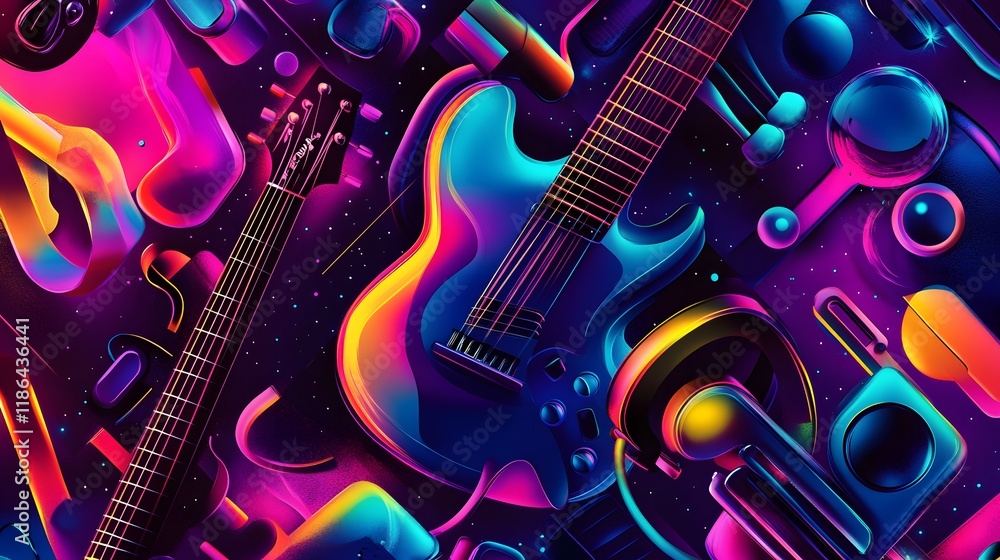 Fototapeta premium Vibrant Guitars and Abstract Shapes in Neon Colors