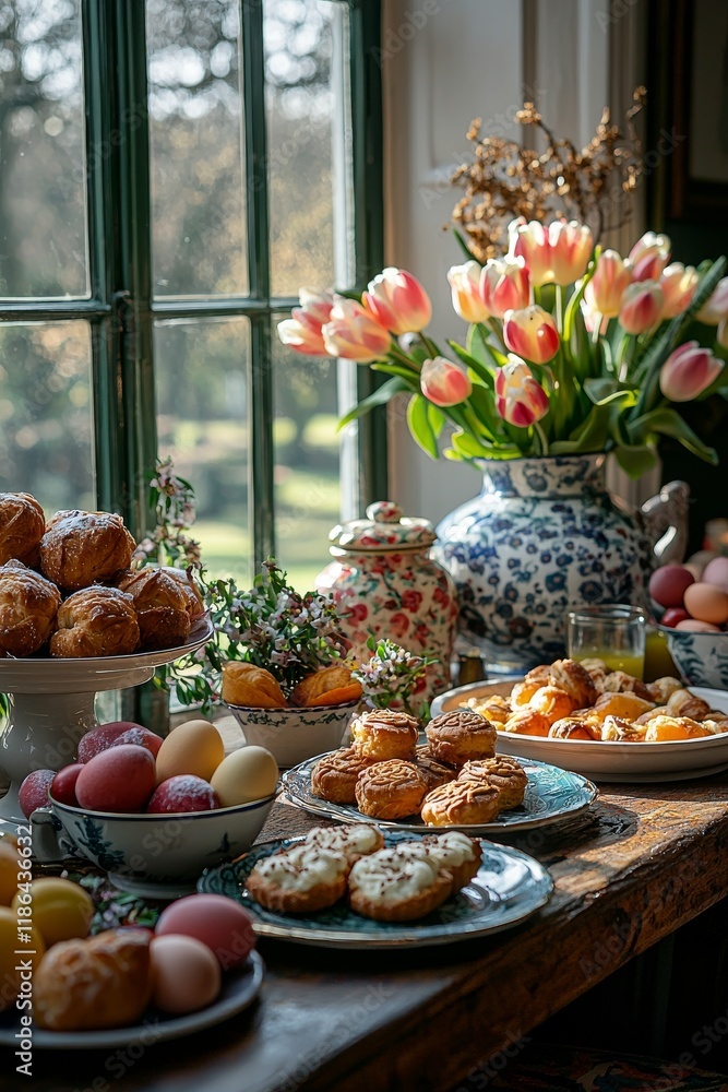 A serene illustration showing an Easter Sunday breakfast near a window, featuring food, painted eggs, and flowers. Stock A serene illustration showing an Easter Sunday breakfast near a window, featuring food, painted eggs, and flowers. Stock