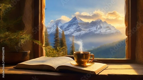 a cup of tea with a beautiful mountain view. smooth 4k looping video