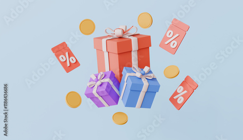 Discount coupon with percentage sign and flying gifts box, voucher card design with coupon code promotion photo