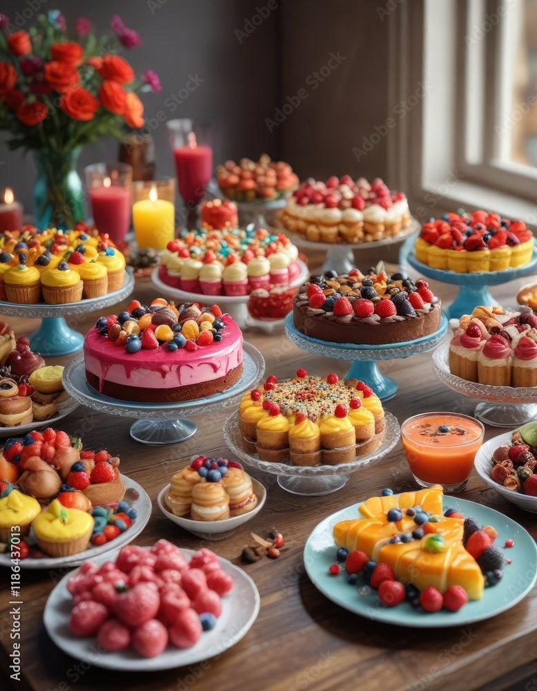 A festive table filled with an assortment of sweet treats and colorful desserts , jack-o-lanterns, fall-themed cupcakes, spooky sweets A festive table filled with an assortment of sweet treats and colorful desserts , jack-o-lanterns, fall-themed cupcakes, spooky sweets
