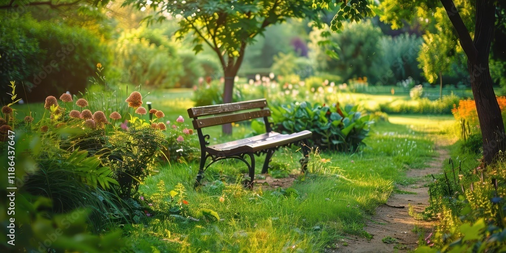 A serene garden scene featuring a wooden bench surrounded by vibrant flowers and lush greenery. A serene garden scene featuring a wooden bench surrounded by vibrant flowers and lush greenery.