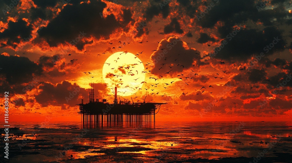 Offshore oil rig silhouette at fiery sunset.