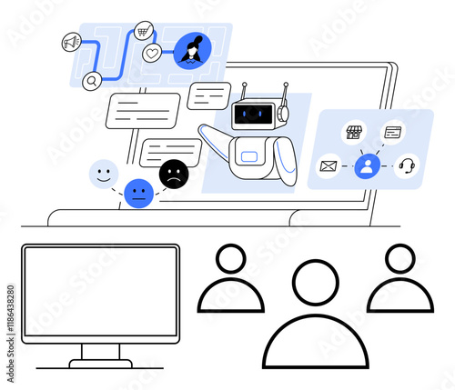 Robot assistant on laptop screen managing workflows and chat bubbles. Users or team monitor remotely. Ideal for automation, customer service, AI communication, team workflow, data analysis, tech