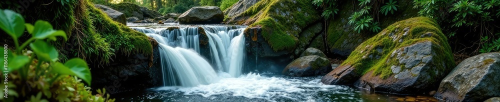 Water cascading down rocky cliffside with lush moss and ferns, forest, stream, foliage Water cascading down rocky cliffside with lush moss and ferns, forest, stream, foliage