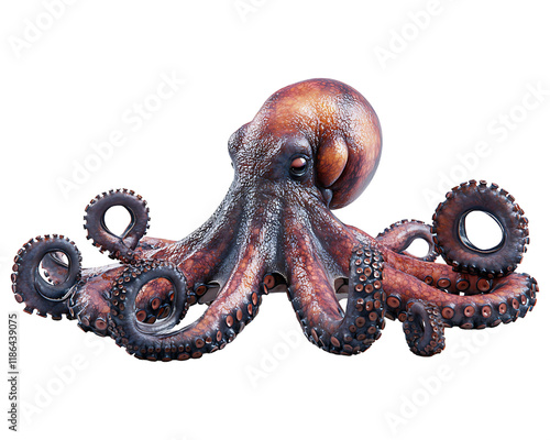 A detailed 3D rendering of a large octopus against a black background. photo