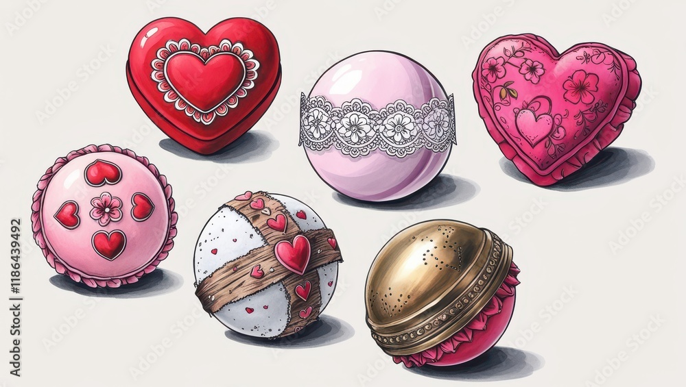 Romantic Valentine s Day Gift Collection Heart Shaped Boxes Decorated Spheres and Ornate Ornaments Romantic Valentine s Day Gift Collection Heart Shaped Boxes Decorated Spheres and Ornate Ornaments