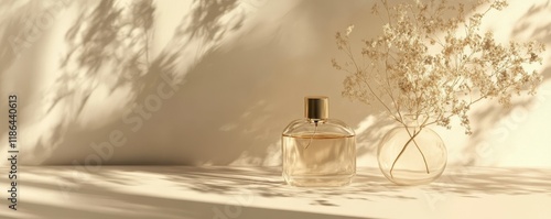 minimalist perfume bottle, aesthetic home decor, soft shadows, natural light, neutral color palette, elegant presentation, stylish botanical arrangement, stylish composition, modern design, creative