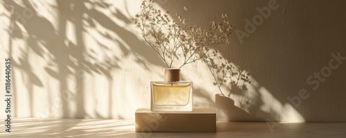 minimalist perfume bottle, aesthetic home decor, soft shadows, natural light, neutral color palette, elegant presentation, stylish botanical arrangement, stylish composition, modern design, creative