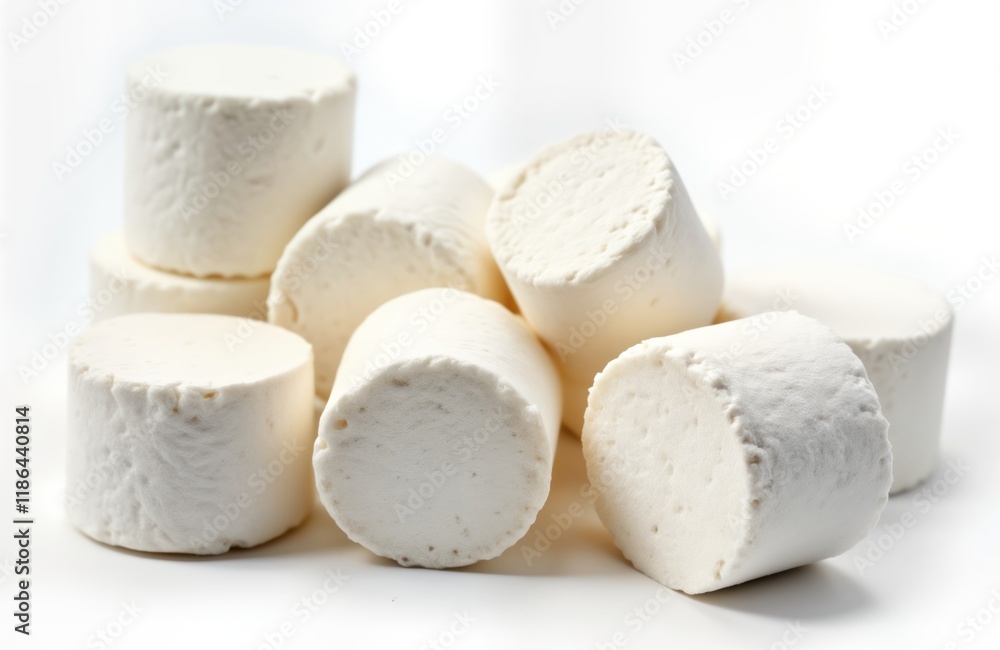 Pile of round white marshmallows isolated on white background. Close-up view of sweet treat. Fluffy, soft texture. Ideal for desserts, snacks. Simple, delicious confectionery item. Versatile for Pile of round white marshmallows isolated on white background. Close-up view of sweet treat. Fluffy, soft texture. Ideal for desserts, snacks. Simple, delicious confectionery item. Versatile for