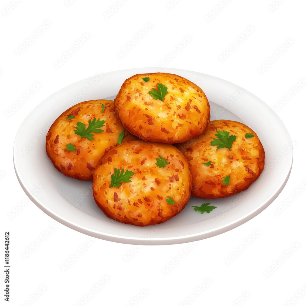Fototapeta premium 3D Cartoon Icon of Aloo Tikki on White Plate with Green Garnish in Bright Style
