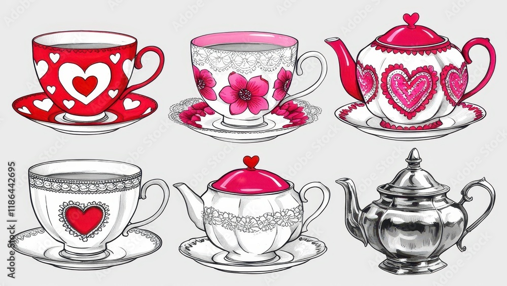 Fototapeta premium Romantic Teacups and Teapots Red Pink Floral Silver Tea Set Illustration