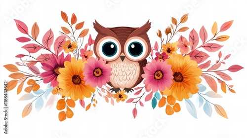 Adorable cartoon owl nestled amongst autumnal flowers. Warm colors and cute design. photo