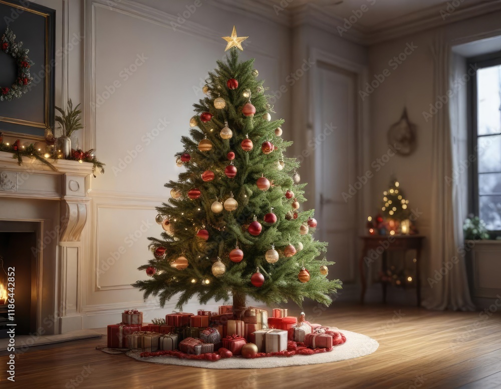 A decorated Christmas tree with ornaments and lights, decorated christmas tree, seasonal decor A decorated Christmas tree with ornaments and lights, decorated christmas tree, seasonal decor