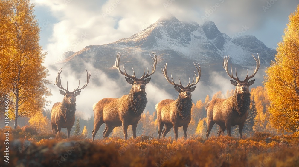 Fototapeta premium Four Majestic Stags Standing Proudly in Autumnal Mountain Meadow