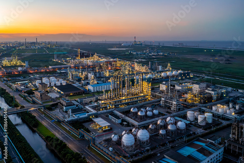Oil refinery at twilight in Ningbo, China. Industrial landscape background
