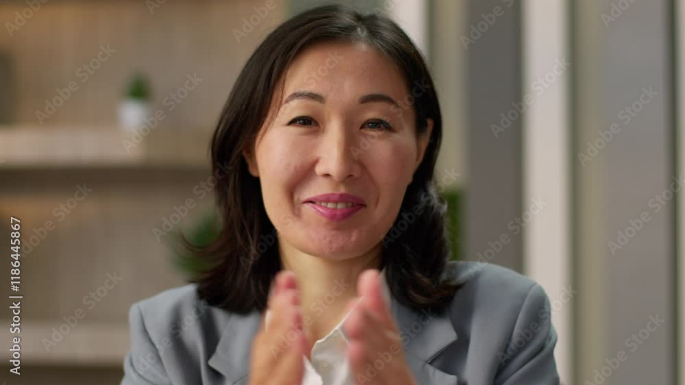 Smiling Asian business woman satisfied happy businesswoman employer female girl lady congratulation Korean Chinese Japanese entrepreneur applauding in office clapping hands support applause celebrate Smiling Asian business woman satisfied happy businesswoman employer female girl lady congratulation Korean Chinese Japanese entrepreneur applauding in office clapping hands support applause celebrate