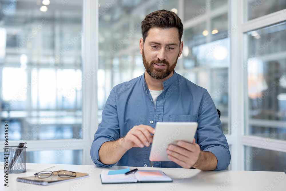 Man working with tablet sitting at desk inside office at workplace. Smiling office worker using app and reading online news. Man working with tablet sitting at desk inside office at workplace. Smiling office worker using app and reading online news.