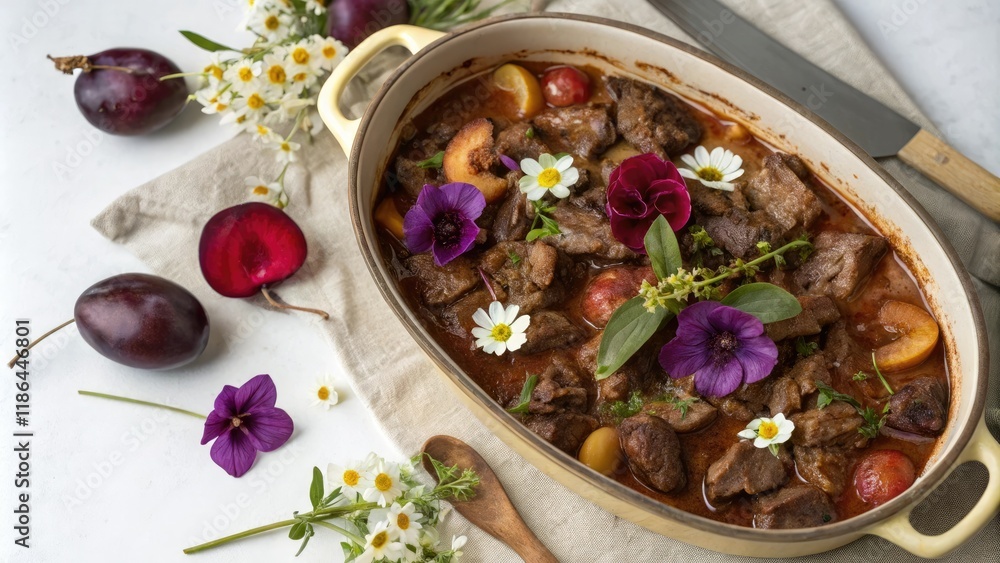 A beautifully styled lamb casserole with plums in a large serving dish garnished with edible flowers, springtime ingredients, colorful dish A beautifully styled lamb casserole with plums in a large serving dish garnished with edible flowers, springtime ingredients, colorful dish